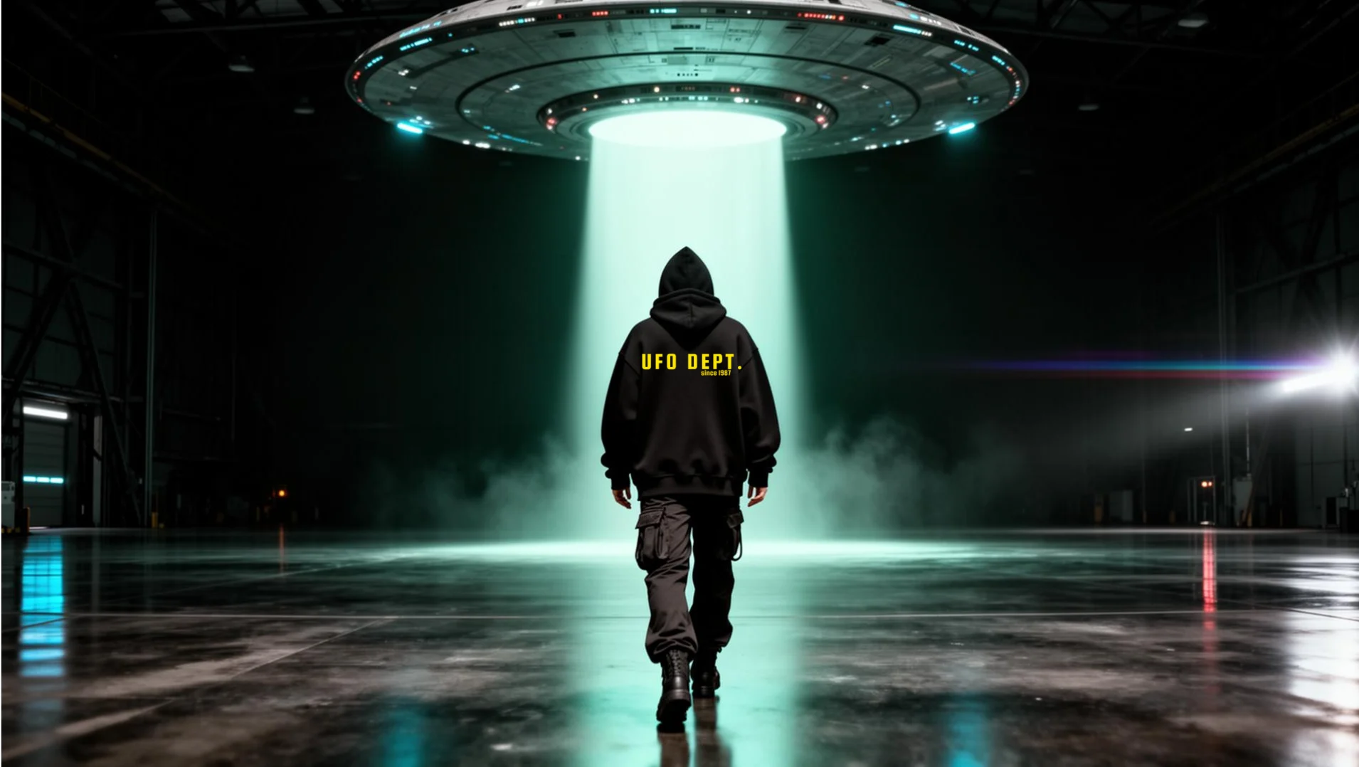 A figure in a UFO DEPT hoodie with the brand on the back, standing beneath a hovering craft in a hangar bay